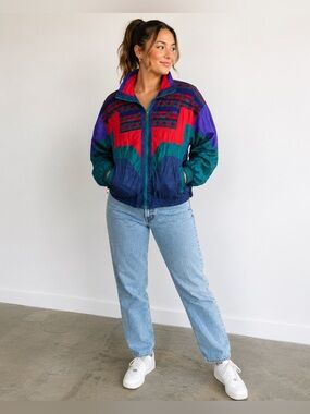 Vintage Active Stuff Colorblock Windbreaker Fleece Trim Jacket Size M